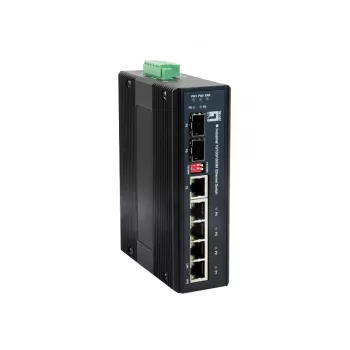 LevelOne IES-0600 6 prievadų Gigabit pramoninis jungiklis su 1 SFP ir 1 SFP/RJ45 kombinuotu prievadu, -40°C iki 75°C, DIN bėgelis