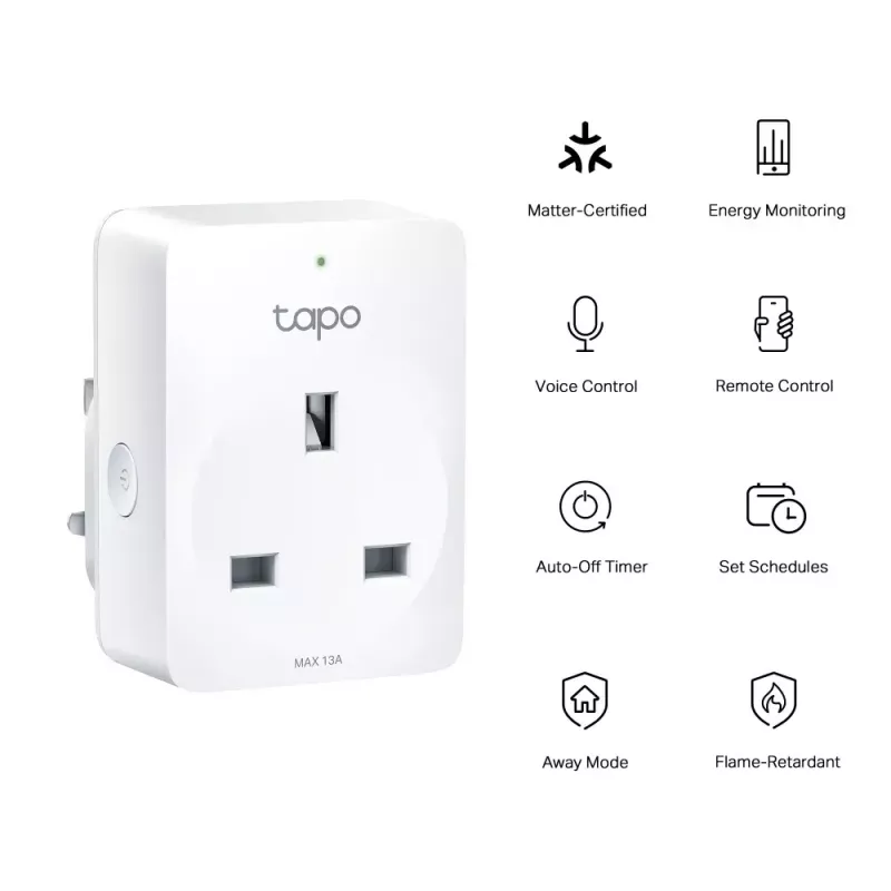 Išmanusis kištukas TP-Link Tapo Mini P110M – Wi-Fi/Bluetooth vidinis išmanusis lizdas, 16 A, 100–240 V, 3680 W, baltas