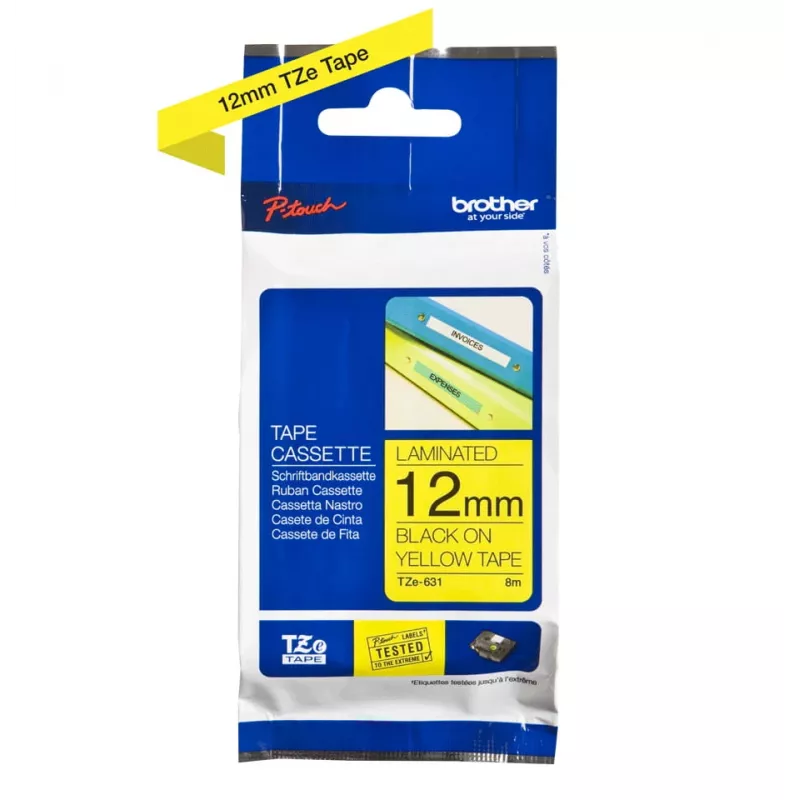 Lipnių etikečių juosta Brother TZe-631 (TZe) 12 mm x 8 m, juoda ant geltonos