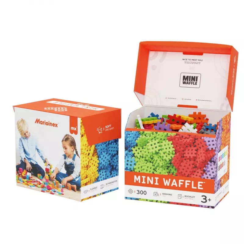 Konstrukciniai blokeliai Marioinex Mini Waffle 300 – 300 dalių įvairiaspalvis rinkinys su dėžute saugojimui, plaunami
