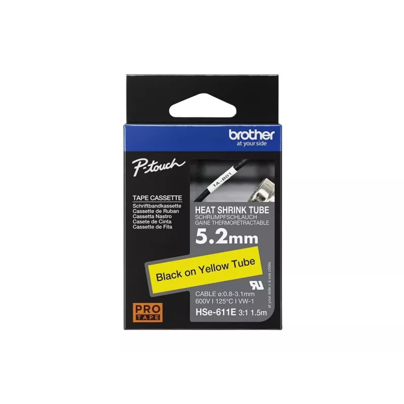 Brother HSe-611E šilumą traukiantis vamzdelis, 5.2 mm x 1.5 m, juodas ant geltono