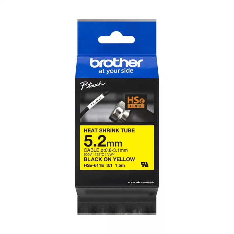 Brother HSe-611E šilumą traukiantis vamzdelis, 5.2 mm x 1.5 m, juodas ant geltono