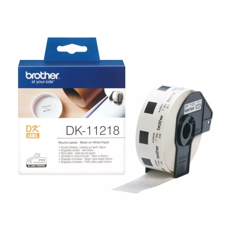 Brother DK-11218 etikečių ritinėlis, balti apvalūs lipdukai, 24 mm, 1000 vnt.