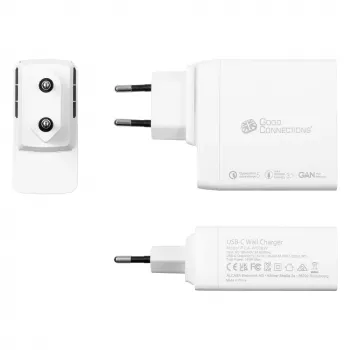 Good Connections GC USB greitasis įkroviklis 140W GaN, 2x USB-C, PD 3.1, QC 5.0, PPS baltas