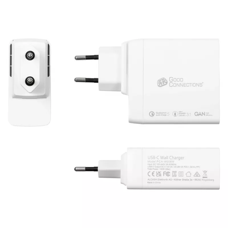 Good Connections GC USB greitasis įkroviklis 140W GaN, 2x USB-C, PD 3.1, QC 5.0, PPS baltas