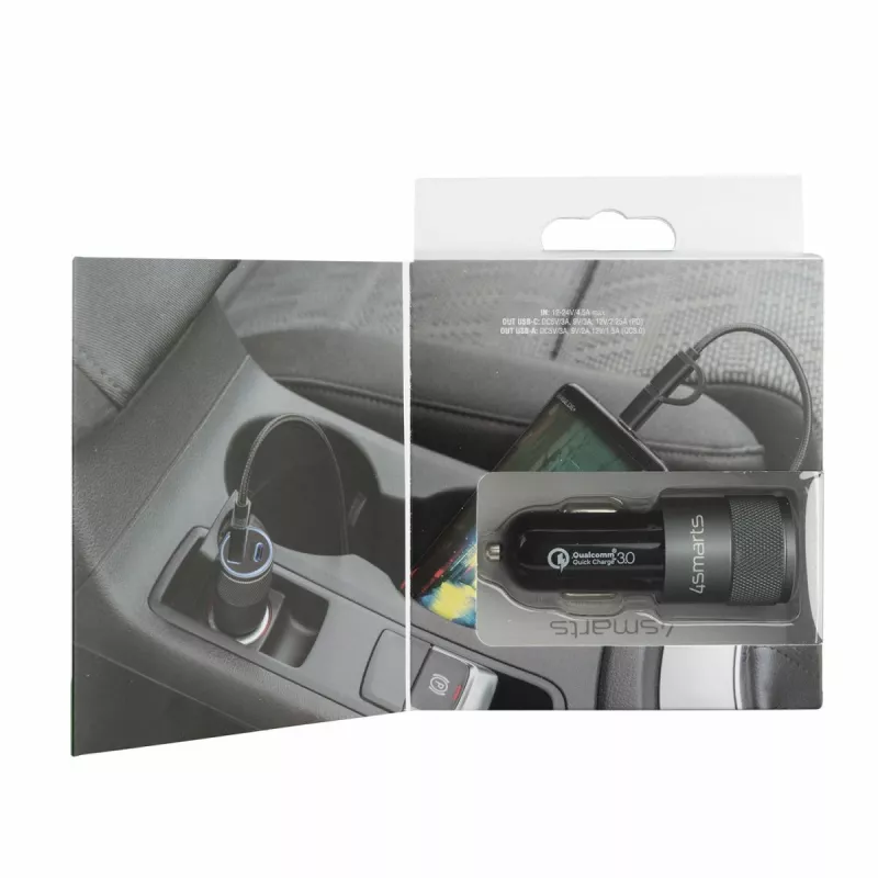 4smarts Rapid+ - automobilinis maitinimo šaltinis - 27 W - 3 A - QC 3.0, PD - 2 išvesties prievadai (USB, 24 kontaktų USB-C)