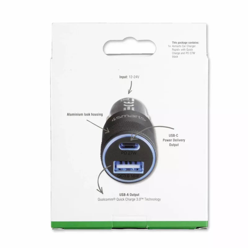 4smarts Rapid+ - automobilinis maitinimo šaltinis - 27 W - 3 A - QC 3.0, PD - 2 išvesties prievadai (USB, 24 kontaktų USB-C)