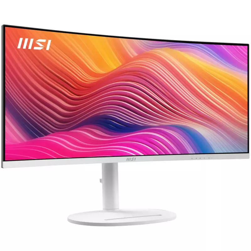34 colių MSI Modern MD342CQPWDE lenktas VA LCD monitorius 3440×1440 UWQHD 21:9, 4 ms, 300 cd/m², USB hub, garsiakalbiai, VESA, aukščio reguliavimas — Baltas