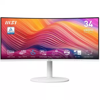 34 colių MSI Modern MD342CQPWDE lenktas VA LCD monitorius 3440×1440 UWQHD 21:9, 4 ms, 300 cd/m², USB hub, garsiakalbiai, VESA, aukščio reguliavimas — Baltas