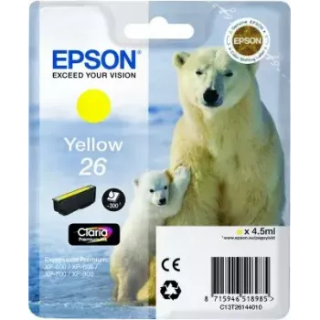 Rašalo kasetė Epson C13T26144010 Viena pakuotė Geltona 26 Claria Premium, pigmentinė, 1 vnt.