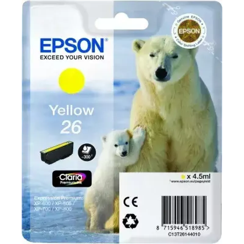 Rašalo kasetė Epson C13T26144010 Viena pakuotė Geltona 26 Claria Premium, pigmentinė, 1 vnt.