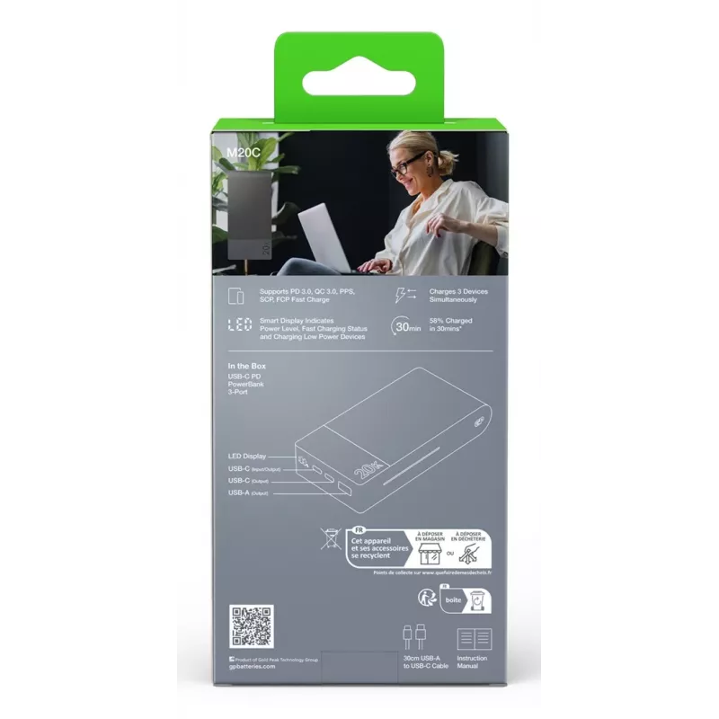 GP Battery GP PowerBank M2+ 20C 20000mAh 2xUSB-C/1xUSB-A juodas LED indikatorius