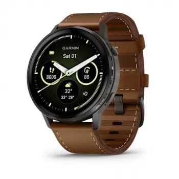 Išmanusis laikrodis GARMIN Venu 4 45 mm (1,4 colio) AMOLED 454×454 px, Wi‑Fi, GPS, 8 GB, juodas korpusas, rudos odos dirželis