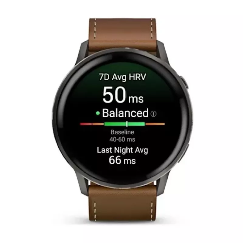 Išmanusis laikrodis GARMIN Venu 4 45 mm (1,4 colio) AMOLED 454×454 px, Wi‑Fi, GPS, 8 GB, juodas korpusas, rudos odos dirželis