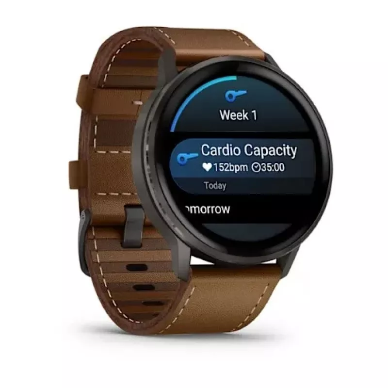 Išmanusis laikrodis GARMIN Venu 4 45 mm (1,4 colio) AMOLED 454×454 px, Wi‑Fi, GPS, 8 GB, juodas korpusas, rudos odos dirželis