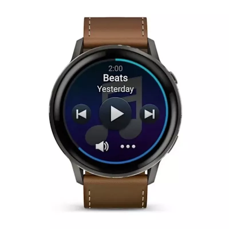 Išmanusis laikrodis GARMIN Venu 4 45 mm (1,4 colio) AMOLED 454×454 px, Wi‑Fi, GPS, 8 GB, juodas korpusas, rudos odos dirželis