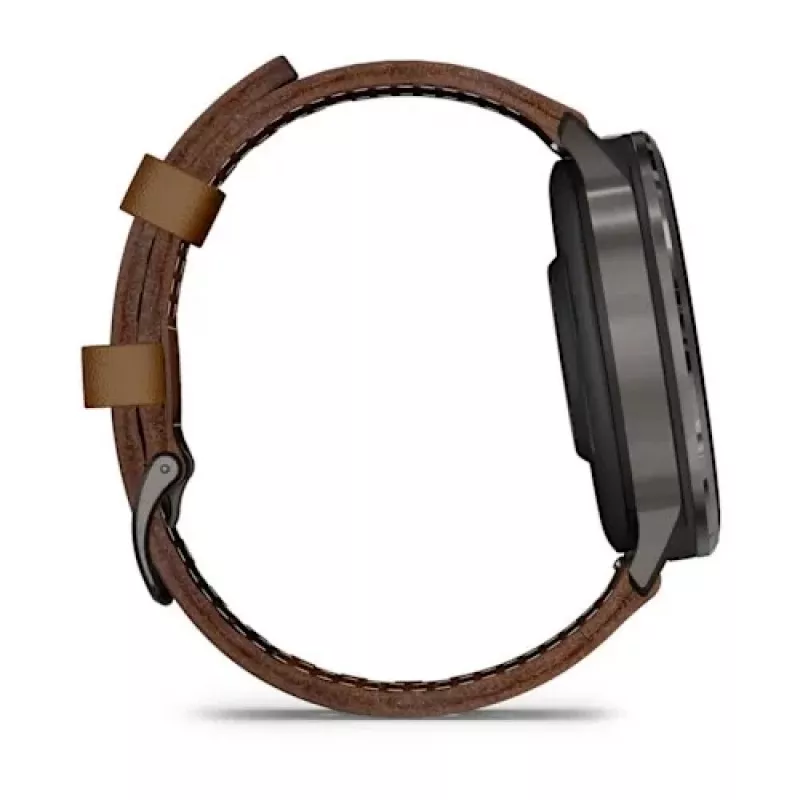Išmanusis laikrodis GARMIN Venu 4 45 mm (1,4 colio) AMOLED 454×454 px, Wi‑Fi, GPS, 8 GB, juodas korpusas, rudos odos dirželis