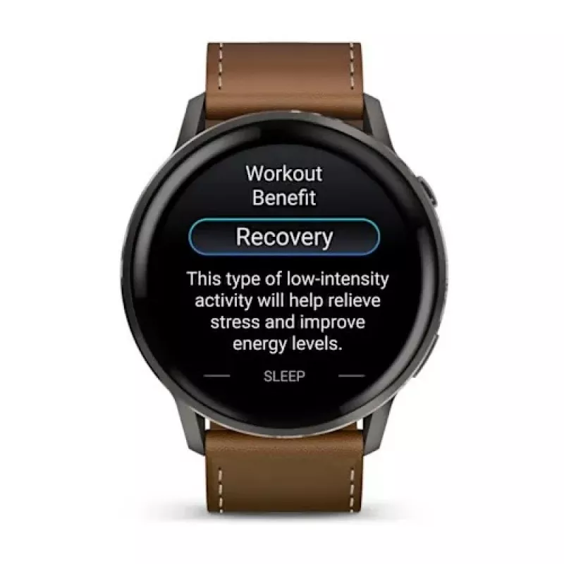 Išmanusis laikrodis GARMIN Venu 4 45 mm (1,4 colio) AMOLED 454×454 px, Wi‑Fi, GPS, 8 GB, juodas korpusas, rudos odos dirželis