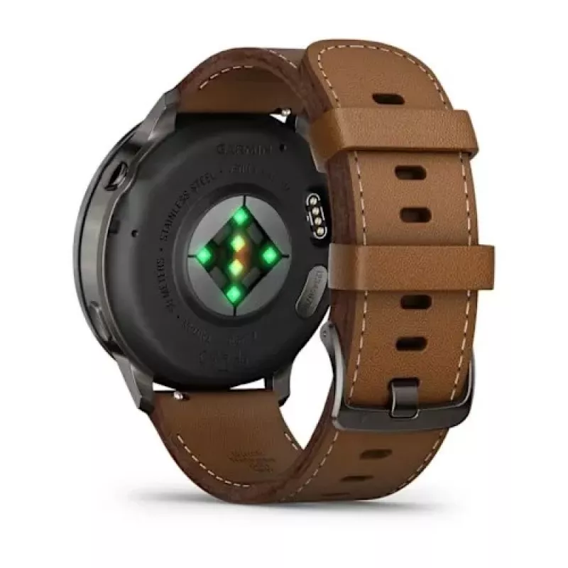 Išmanusis laikrodis GARMIN Venu 4 45 mm (1,4 colio) AMOLED 454×454 px, Wi‑Fi, GPS, 8 GB, juodas korpusas, rudos odos dirželis