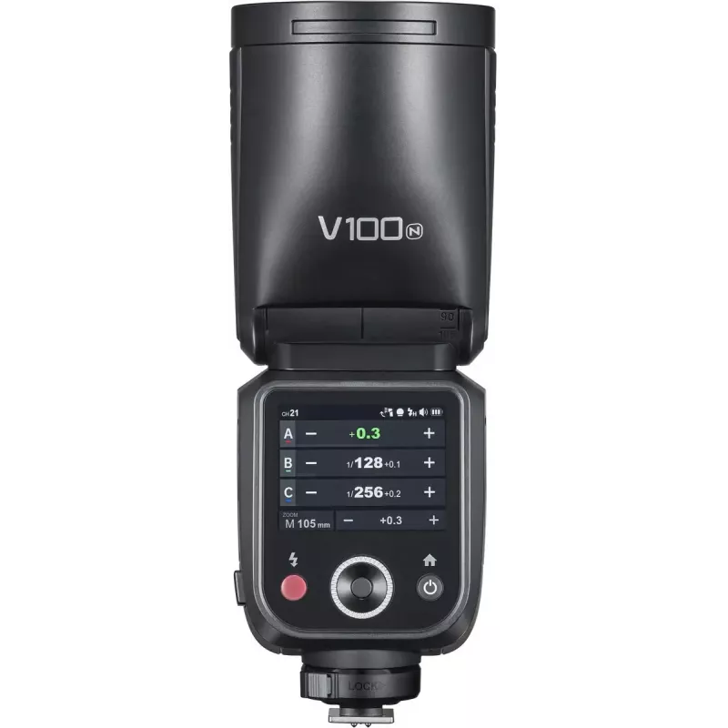 Blykstė Godox V100‑N Nikon – nešiojama TTL Li‑ion blykstė su nuimamu moduliu