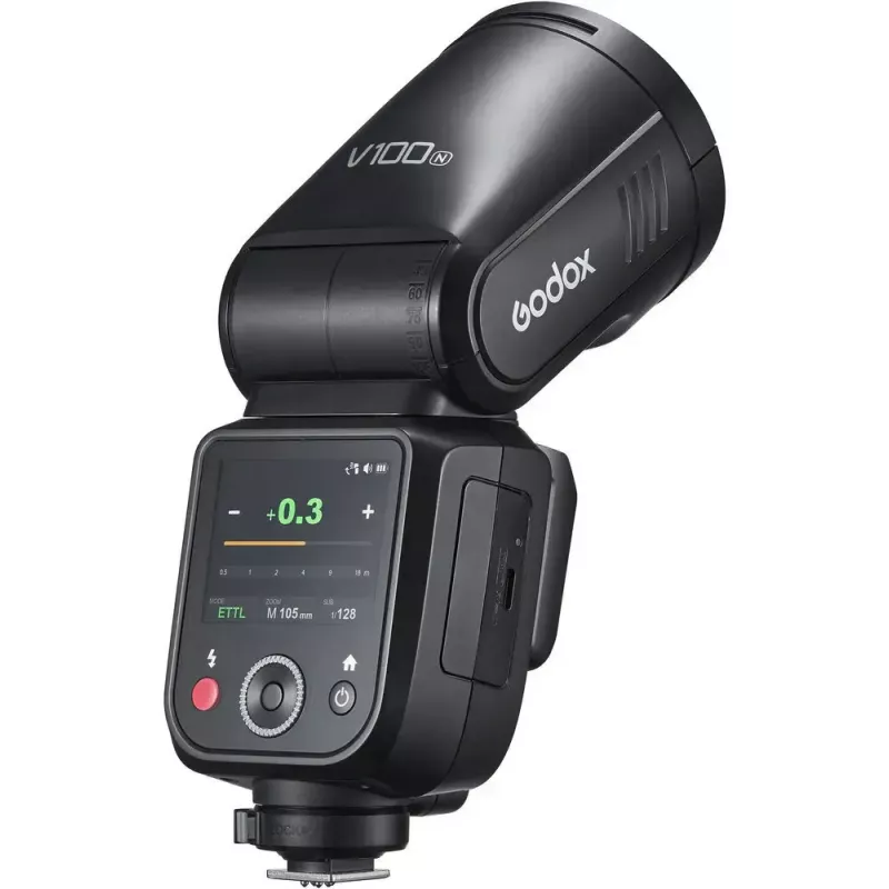 Blykstė Godox V100‑N Nikon – nešiojama TTL Li‑ion blykstė su nuimamu moduliu