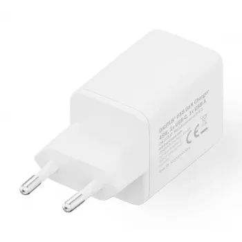 Sieninis įkroviklis DIGITUS USB GaN 45W — 1× USB-C, 1× USB-A, įvadas 100–240 V, baltas