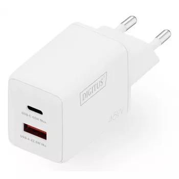 Sieninis įkroviklis DIGITUS USB GaN 45W — 1× USB-C, 1× USB-A, įvadas 100–240 V, baltas