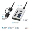 USB 3.2 Gen1 4 prievadų USB-A/C jungtis su atskirais įjungimo/išjungimo mygtukais
