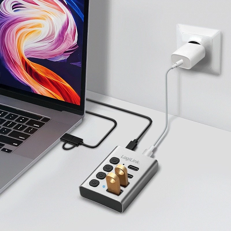 USB 3.2 Gen1 4 prievadų USB-A/C jungtis su atskirais įjungimo/išjungimo mygtukais