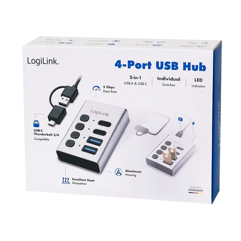 USB 3.2 Gen1 4 prievadų USB-A/C jungtis su atskirais įjungimo/išjungimo mygtukais