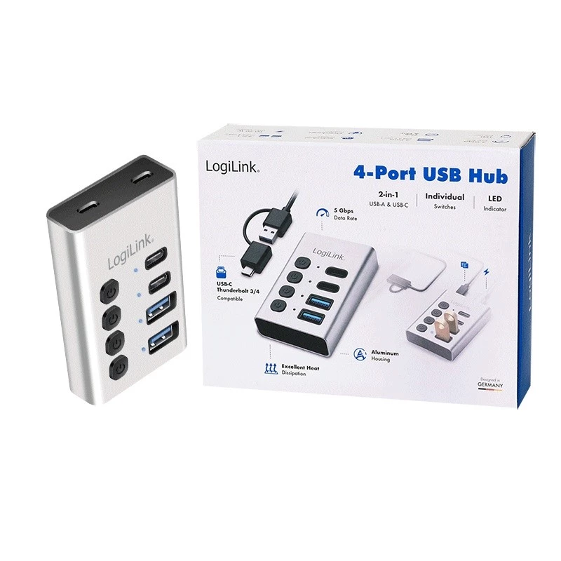 USB 3.2 Gen1 4 prievadų USB-A/C jungtis su atskirais įjungimo/išjungimo mygtukais