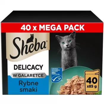 Šlapias kačių ėdalas Sheba Delicacy Žuvies skoniai želė, 40×85 g skardinės, suaugusioms katėms, 11% baltymų, 78% drėgmės