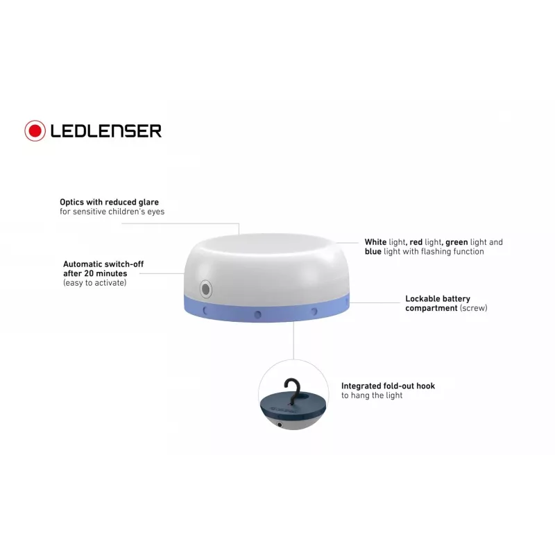 Baterijomis maitinamas kempingo žibintas Ledlenser Kidcamp6 – LED RGB, 60 lm, AAA, ABS korpusas, 95 g