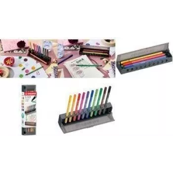Fiber-tip žymeklių rinkinys Stabilo Pen 68 10 vnt. su plastikiniu penalėliu ir staliniu kilimėliu (modelis 6810-7)