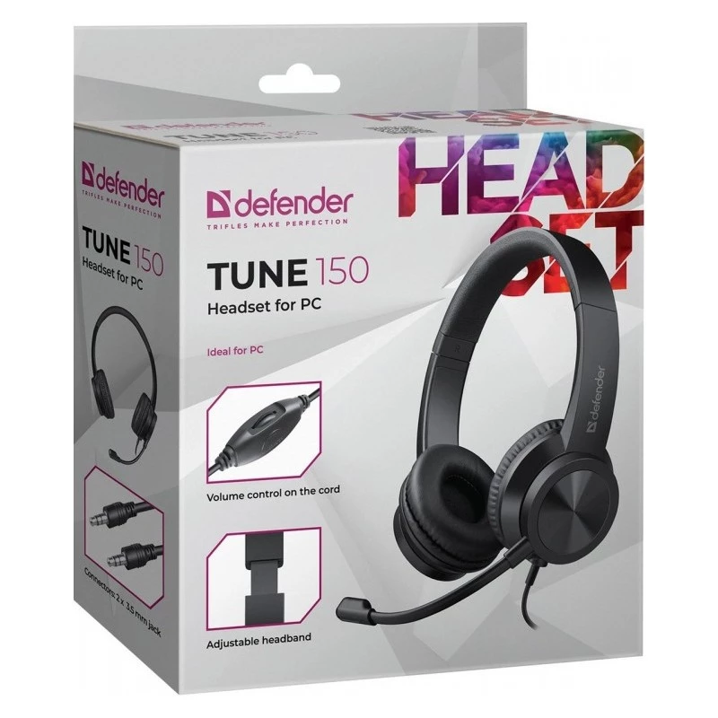 Belaidės ausinės su mikrofonu DEFENDER tune 150 – juodos, laidinis stereo headset