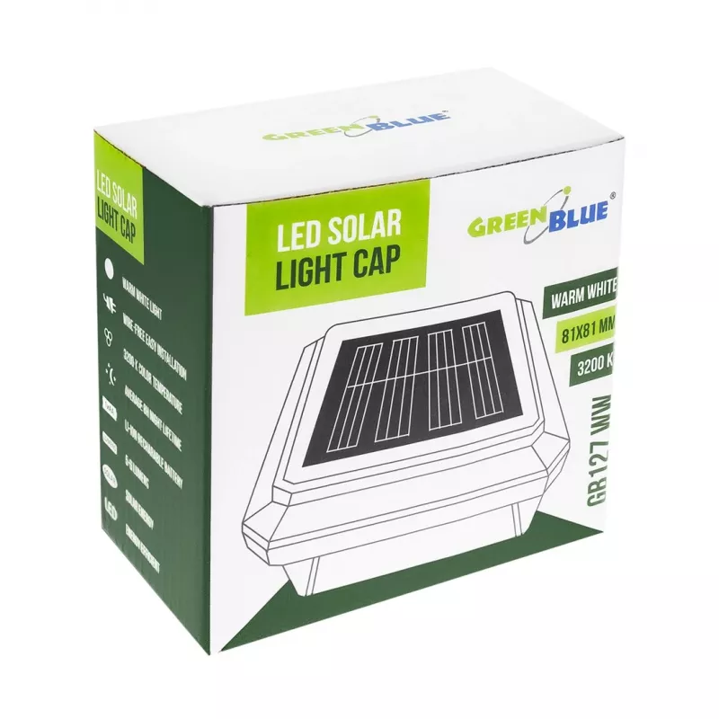 Solarinis LED stulpinis šviestuvas GreenBlue GB127 WW — neutrali balta 3200K, 80×80 mm vokinis gaubtas, NiMH baterija