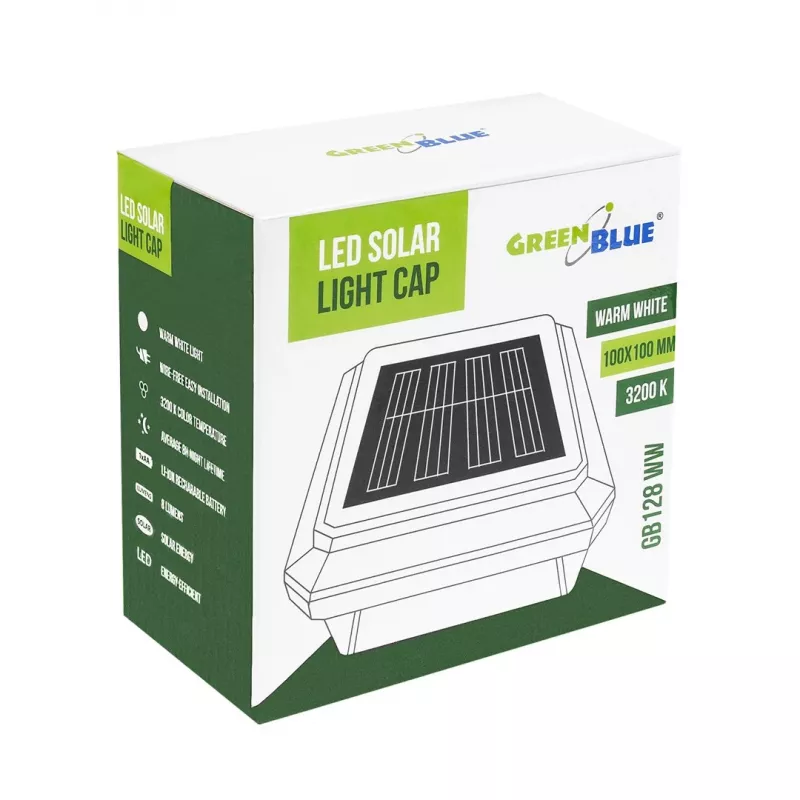 Saulės energijos LED stulpo šviestuvas GreenBlue GB128 WW, 3200K neutrali balta, voko formos gaubtas, 100x100 mm, juodas