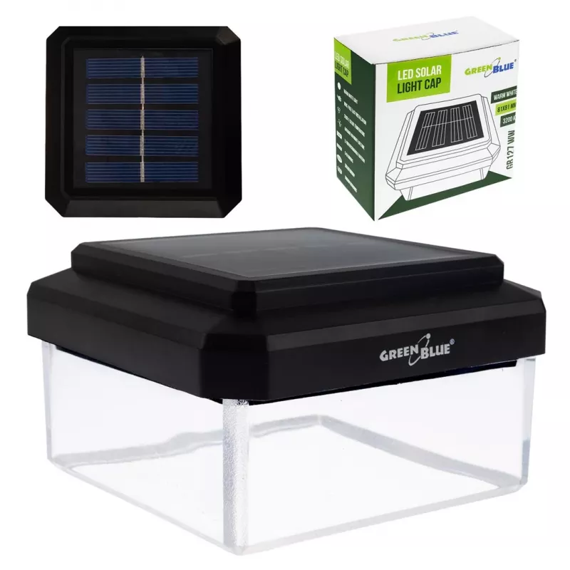 Saulės energijos LED stulpo šviestuvas GreenBlue GB128 WW, 3200K neutrali balta, voko formos gaubtas, 100x100 mm, juodas