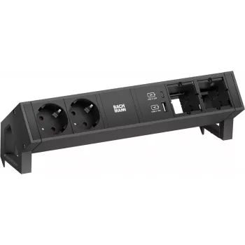 Maitinimo modulis Bachmann DESK2 su 2x CEE7/3 lizdais, 2x kompiuterių prievadais, 2x USB įkrovikliu 22W, juodas, 0.2m GST