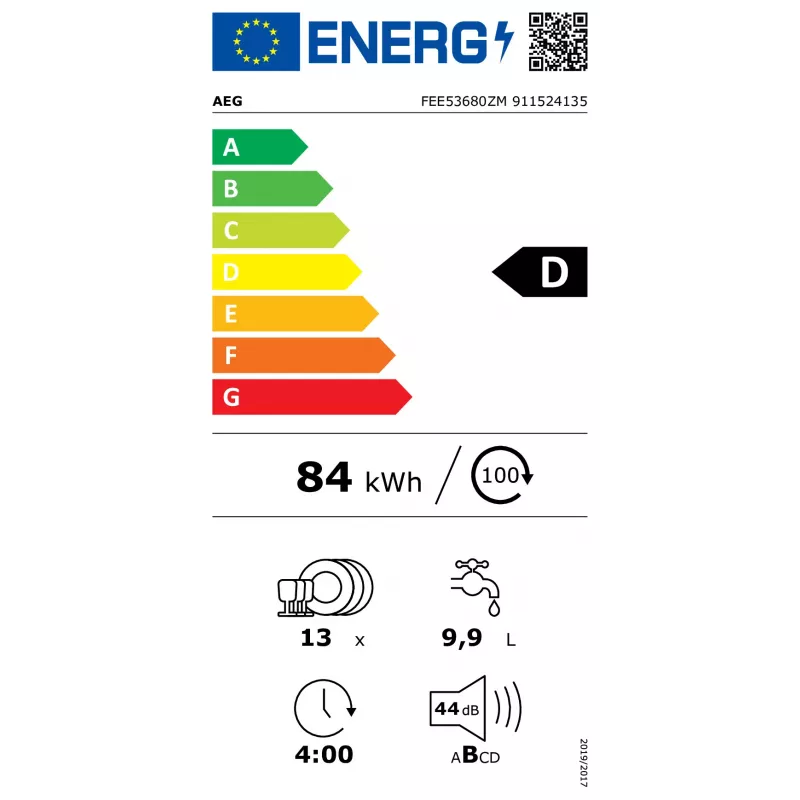 Visiškai įmontuojama indaplovė AEG FEE53680ZM — 13 komplektų, 60 cm, 44 dB, energijos klasė D