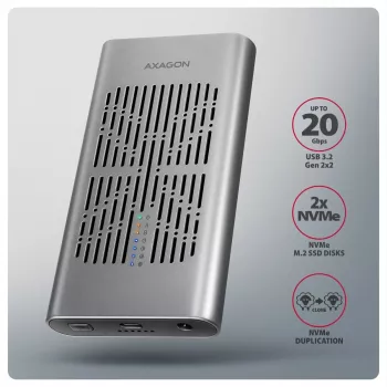 Išorinė dėžutė AXAGON EEM2-20GD USB-C 20 Gbps dviems M.2 NVMe SSD diskams su aparatiniu klonavimu