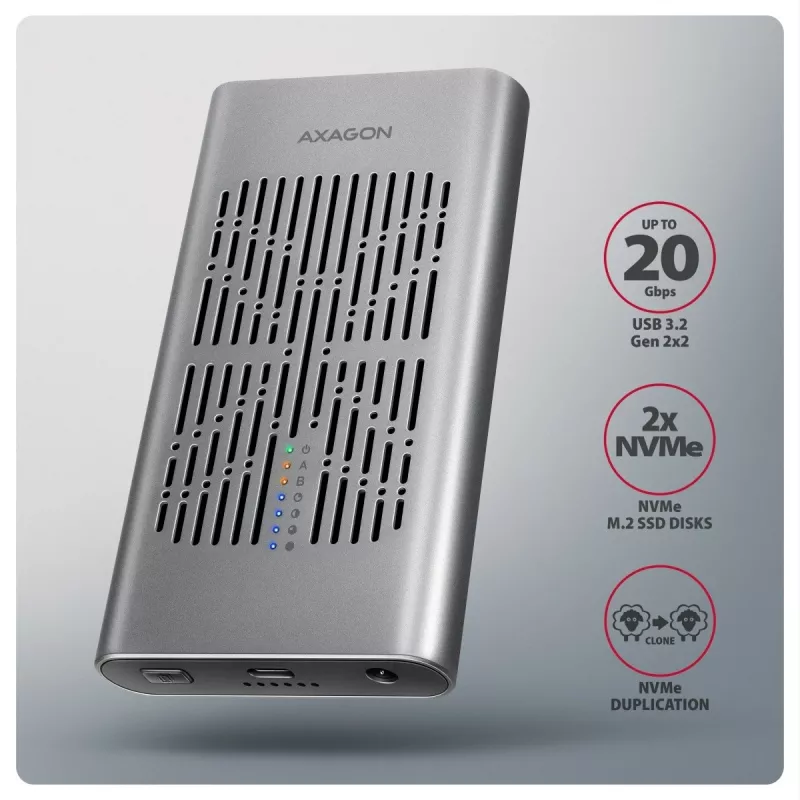 Išorinė dėžutė AXAGON EEM2-20GD USB-C 20 Gbps dviems M.2 NVMe SSD diskams su aparatiniu klonavimu