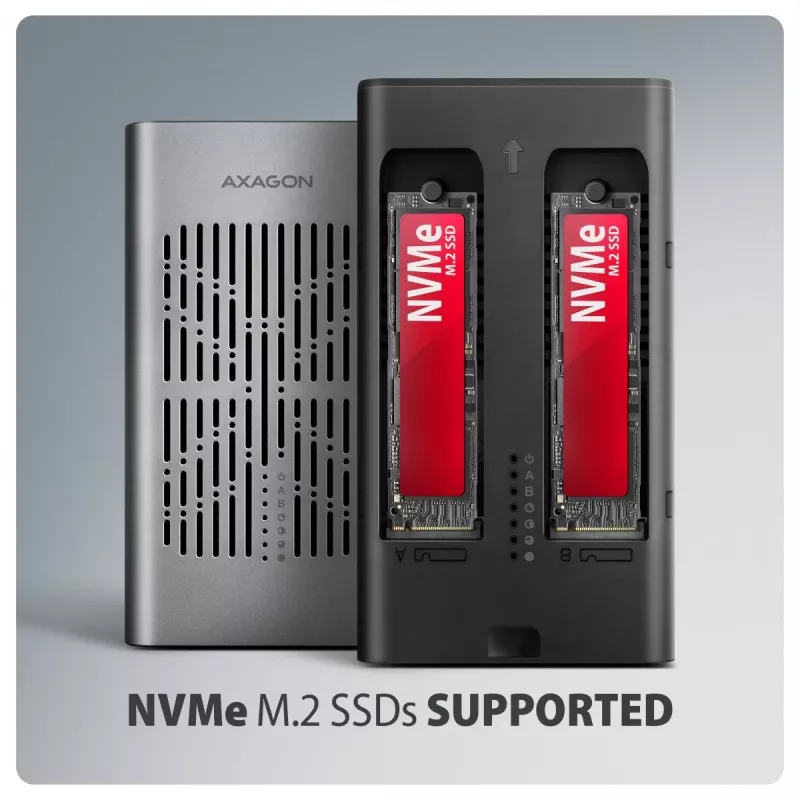 Išorinė dėžutė AXAGON EEM2-20GD USB-C 20 Gbps dviems M.2 NVMe SSD diskams su aparatiniu klonavimu