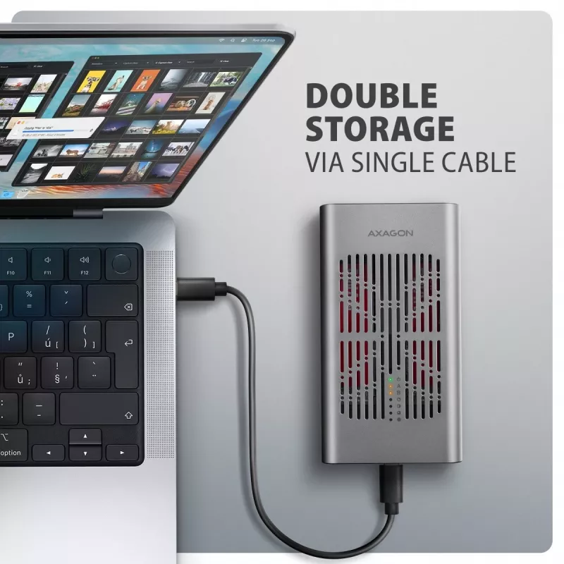 Išorinė dėžutė AXAGON EEM2-20GD USB-C 20 Gbps dviems M.2 NVMe SSD diskams su aparatiniu klonavimu
