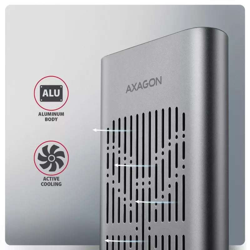 Išorinė dėžutė AXAGON EEM2-20GD USB-C 20 Gbps dviems M.2 NVMe SSD diskams su aparatiniu klonavimu