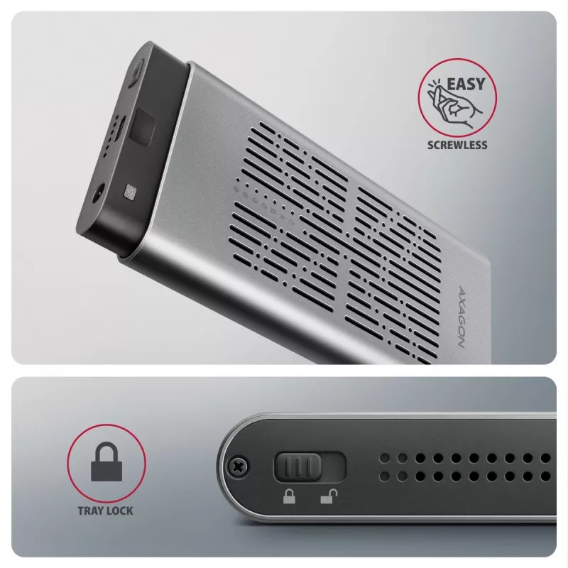 Išorinė dėžutė AXAGON EEM2-20GD USB-C 20 Gbps dviems M.2 NVMe SSD diskams su aparatiniu klonavimu