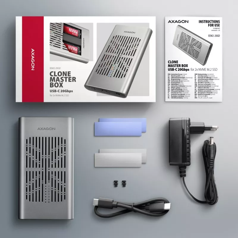 Išorinė dėžutė AXAGON EEM2-20GD USB-C 20 Gbps dviems M.2 NVMe SSD diskams su aparatiniu klonavimu