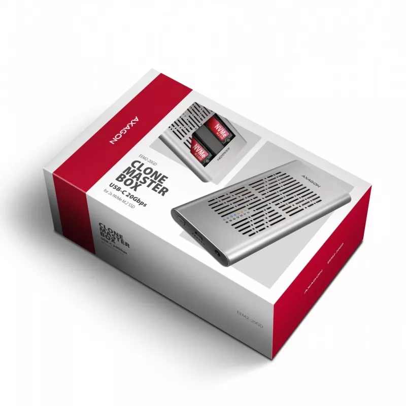 Išorinė dėžutė AXAGON EEM2-20GD USB-C 20 Gbps dviems M.2 NVMe SSD diskams su aparatiniu klonavimu