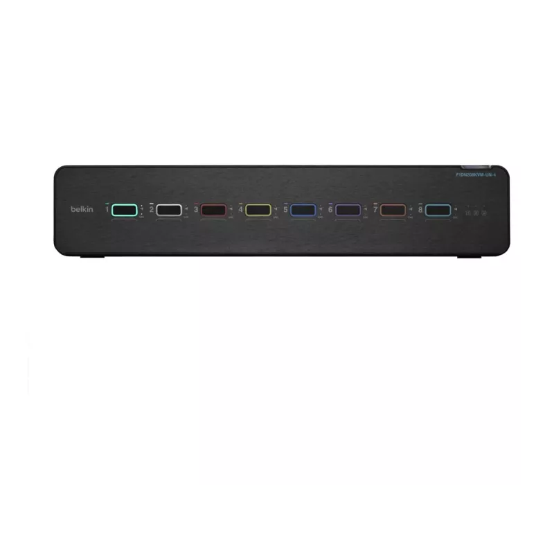KVM jungiklis Belkin F1DN208KVM-UN-4 — 8 prievadų, dviejų monitorių HDMI/DisplayPort, USB klaviatūra ir pelė, 4K@60Hz, montavimas į stelažą, juodas