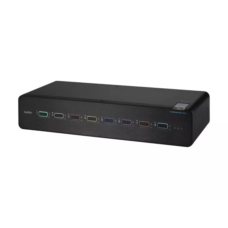 KVM jungiklis Belkin F1DN208KVM-UN-4 — 8 prievadų, dviejų monitorių HDMI/DisplayPort, USB klaviatūra ir pelė, 4K@60Hz, montavimas į stelažą, juodas